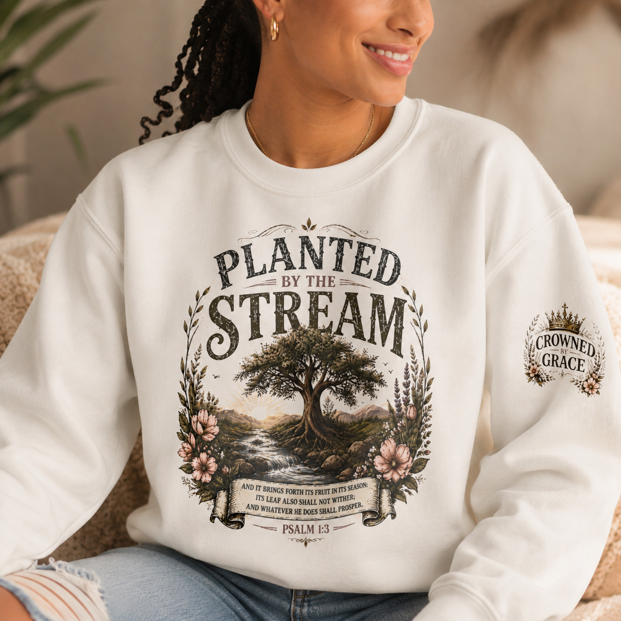 Planted By The Stream Christian Sweatshirt | Psalm 1:3 Crewneck | Faith Based Vintage Botanical Pullover | Christian Cozy Apparel