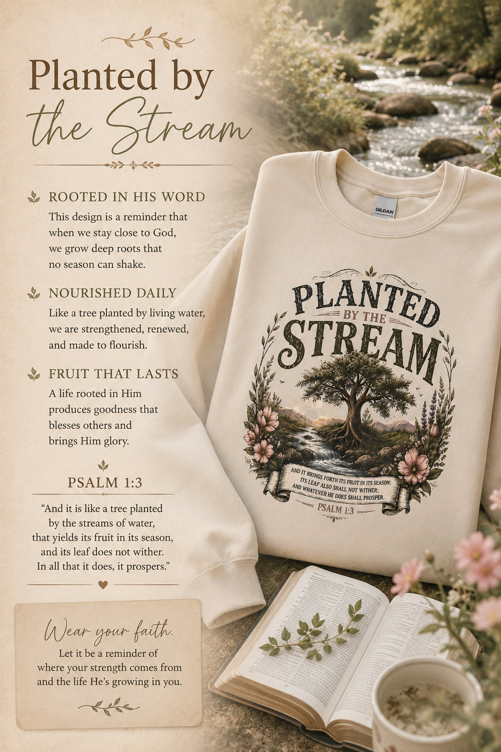 Planted By The Stream Christian Sweatshirt | Psalm 1:3 Crewneck | Faith Based Vintage Botanical Pullover | Christian Cozy Apparel