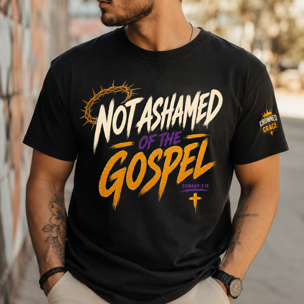 Not Ashamed of the Gospel Christian Shirt | Romans 1:16 Faith Based Graphic Tee | Bold Christian Streetwear | Crowned By Grace