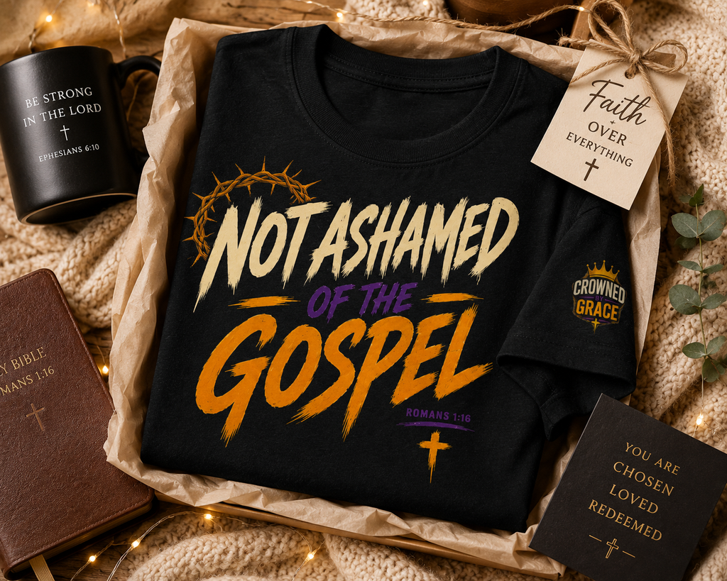 Not Ashamed of the Gospel Christian Shirt | Romans 1:16 Faith Based Graphic Tee | Bold Christian Streetwear | Crowned By Grace