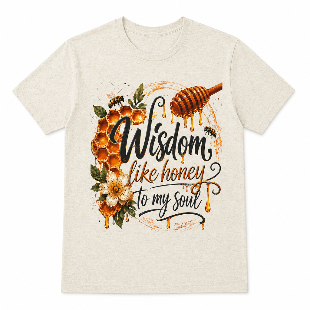 Wisdom Like Honey Christian Shirt | Proverbs 24:13-14 Bible Verse Tee | Faith Inspired Honeycomb Christian Graphic T-Shirt