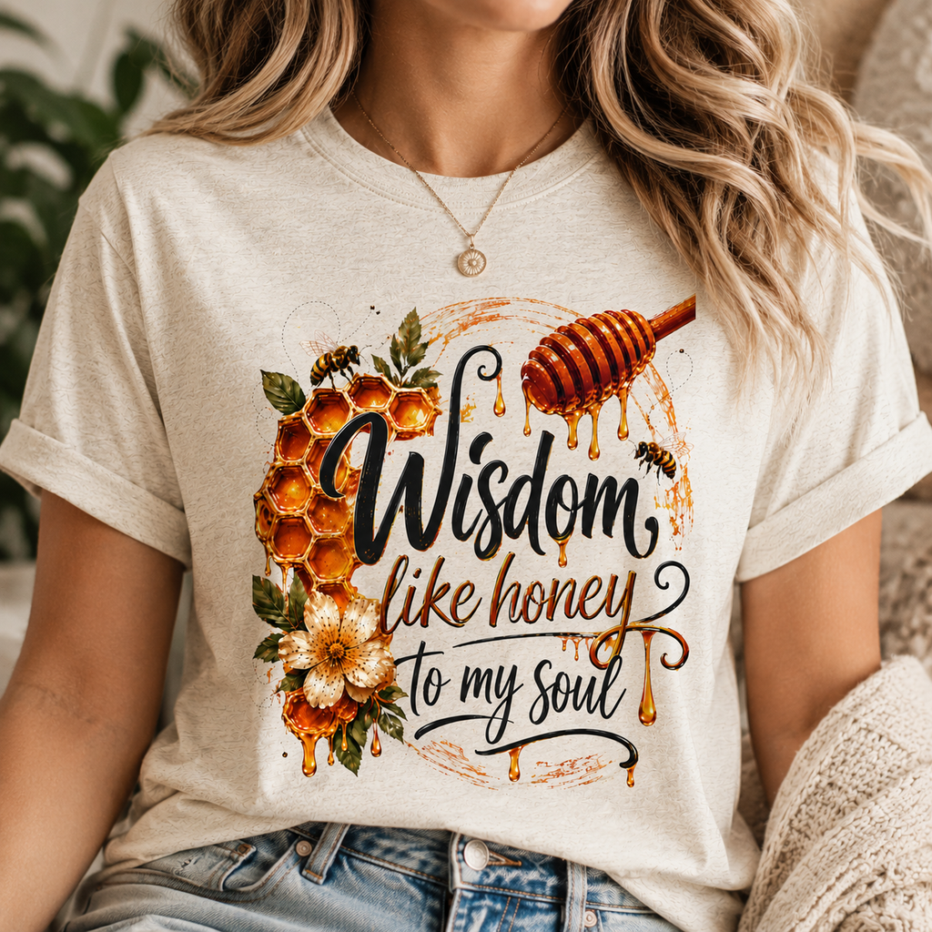 Wisdom Like Honey Christian Shirt | Proverbs 24:13-14 Bible Verse Tee | Faith Inspired Honeycomb Christian Graphic T-Shirt