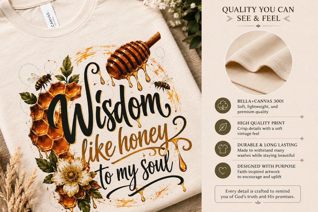 Wisdom Like Honey Christian Shirt | Proverbs 24:13-14 Bible Verse Tee | Faith Inspired Honeycomb Christian Graphic T-Shirt