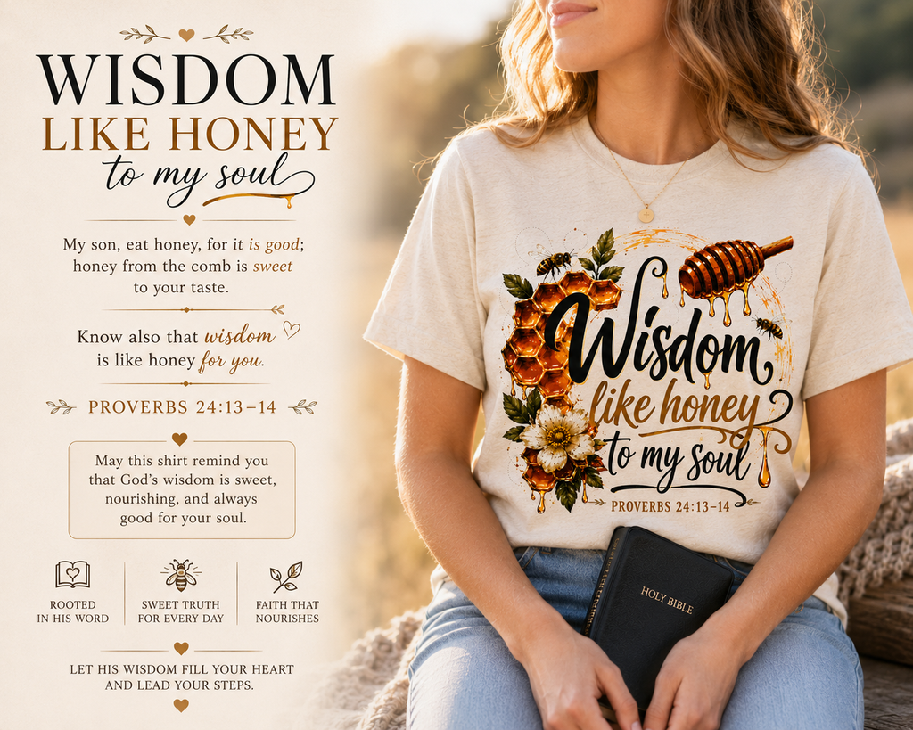 Wisdom Like Honey Christian Shirt | Proverbs 24:13-14 Bible Verse Tee | Faith Inspired Honeycomb Christian Graphic T-Shirt