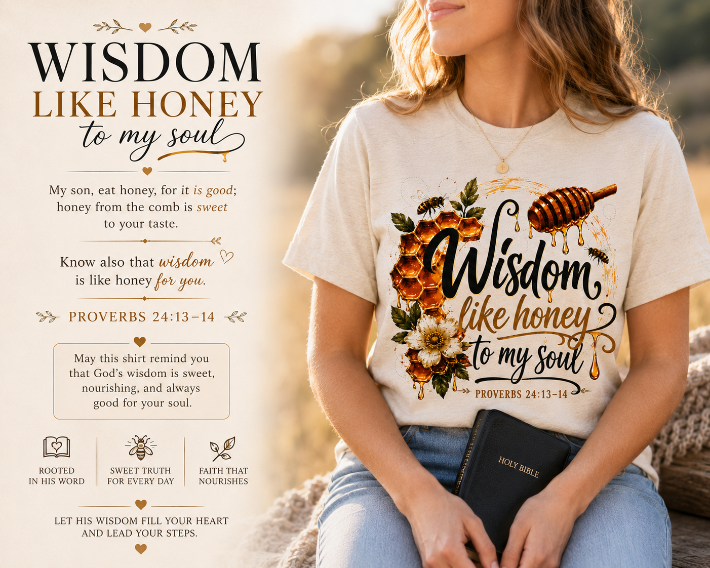 Wisdom Like Honey Christian Shirt | Proverbs 24:13-14 Bible Verse Tee | Faith Inspired Honeycomb Christian Graphic T-Shirt