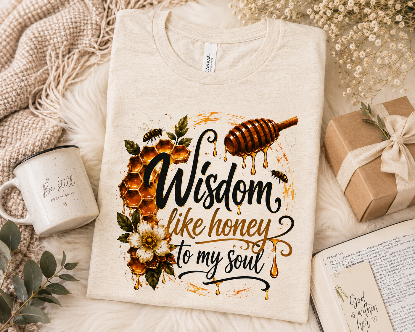 Wisdom Like Honey Christian Shirt | Proverbs 24:13-14 Bible Verse Tee | Faith Inspired Honeycomb Christian Graphic T-Shirt