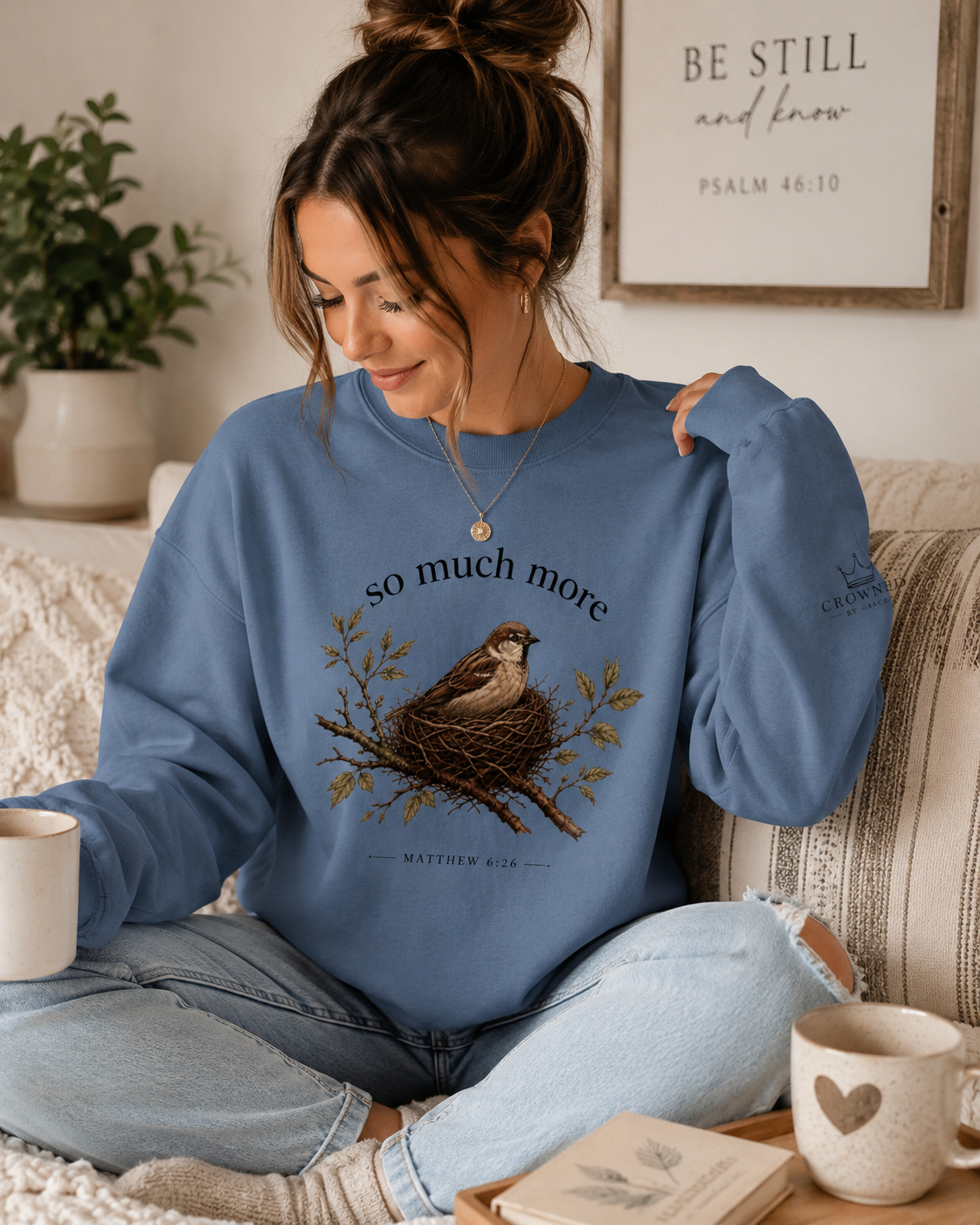 SO MUCH MORE Christian Crewneck Sweatshirt Matthew 6:26 Sweatshirt Comfort Colors 1566 Sparrow Bird Christian Gift | Crowned By Grace