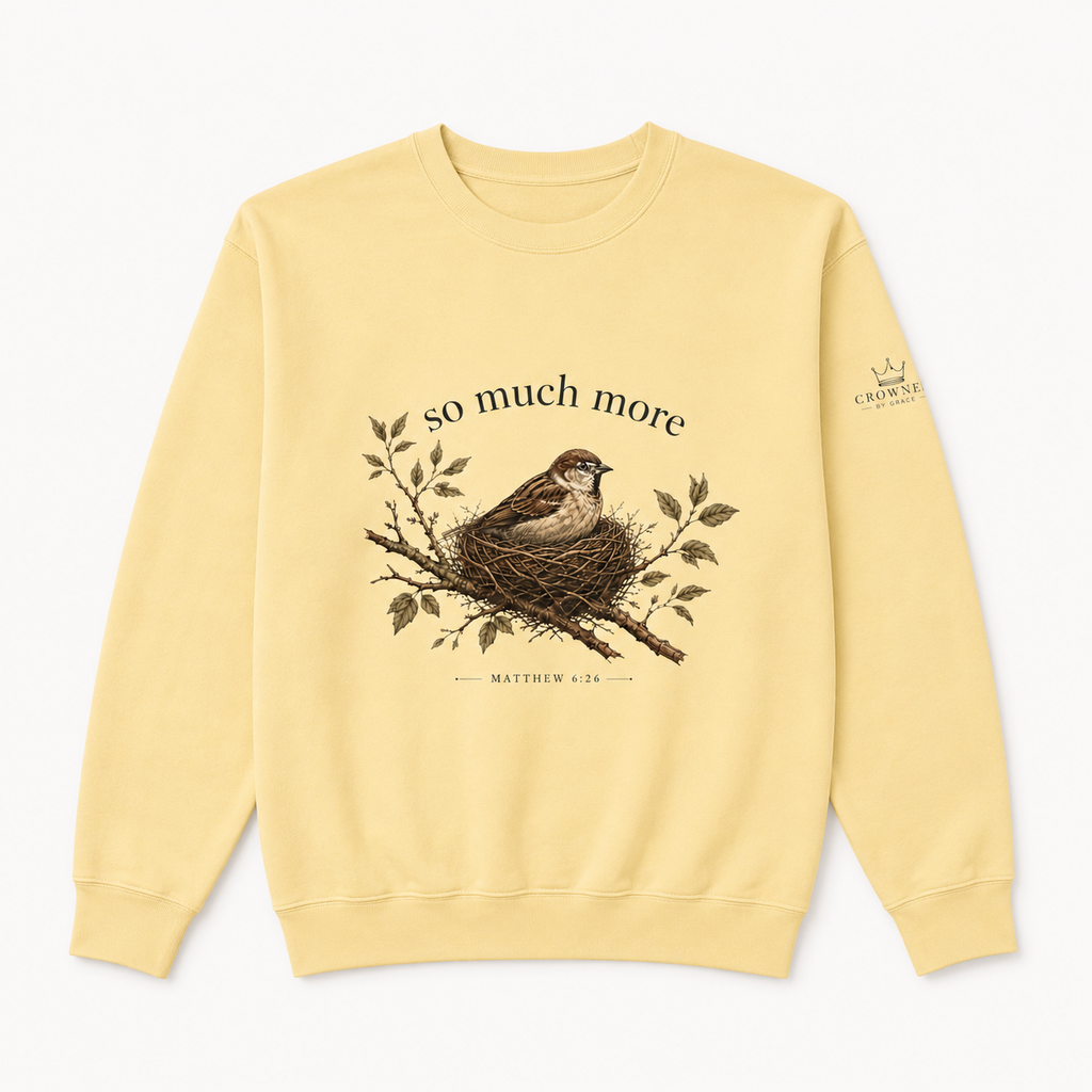 SO MUCH MORE Christian Crewneck Sweatshirt Matthew 6:26 Sweatshirt Comfort Colors 1566 Sparrow Bird Christian Gift | Crowned By Grace
