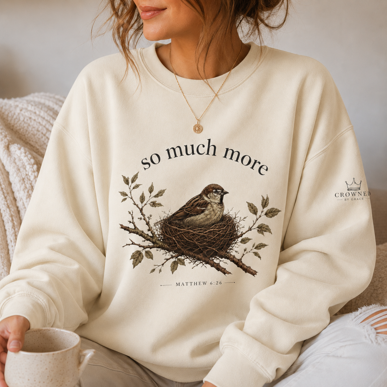 SO MUCH MORE Christian Crewneck Sweatshirt Matthew 6:26 Sweatshirt Comfort Colors 1566 Sparrow Bird Christian Gift | Crowned By Grace