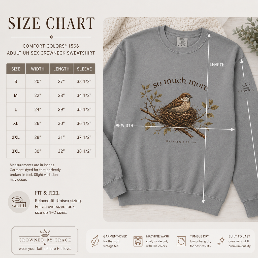 SO MUCH MORE Christian Crewneck Sweatshirt Matthew 6:26 Sweatshirt Comfort Colors 1566 Sparrow Bird Christian Gift | Crowned By Grace