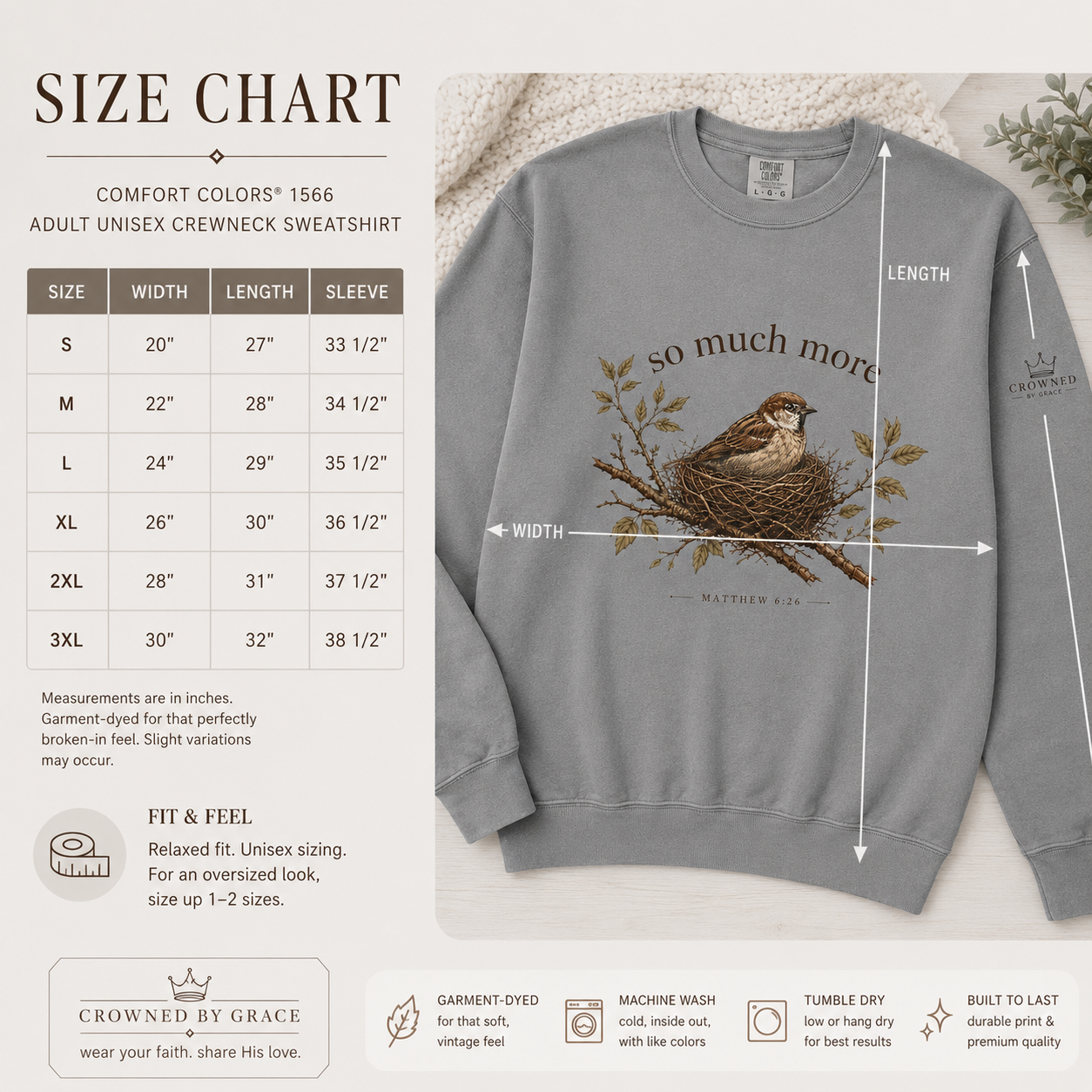 SO MUCH MORE Christian Crewneck Sweatshirt Matthew 6:26 Sweatshirt Comfort Colors 1566 Sparrow Bird Christian Gift | Crowned By Grace