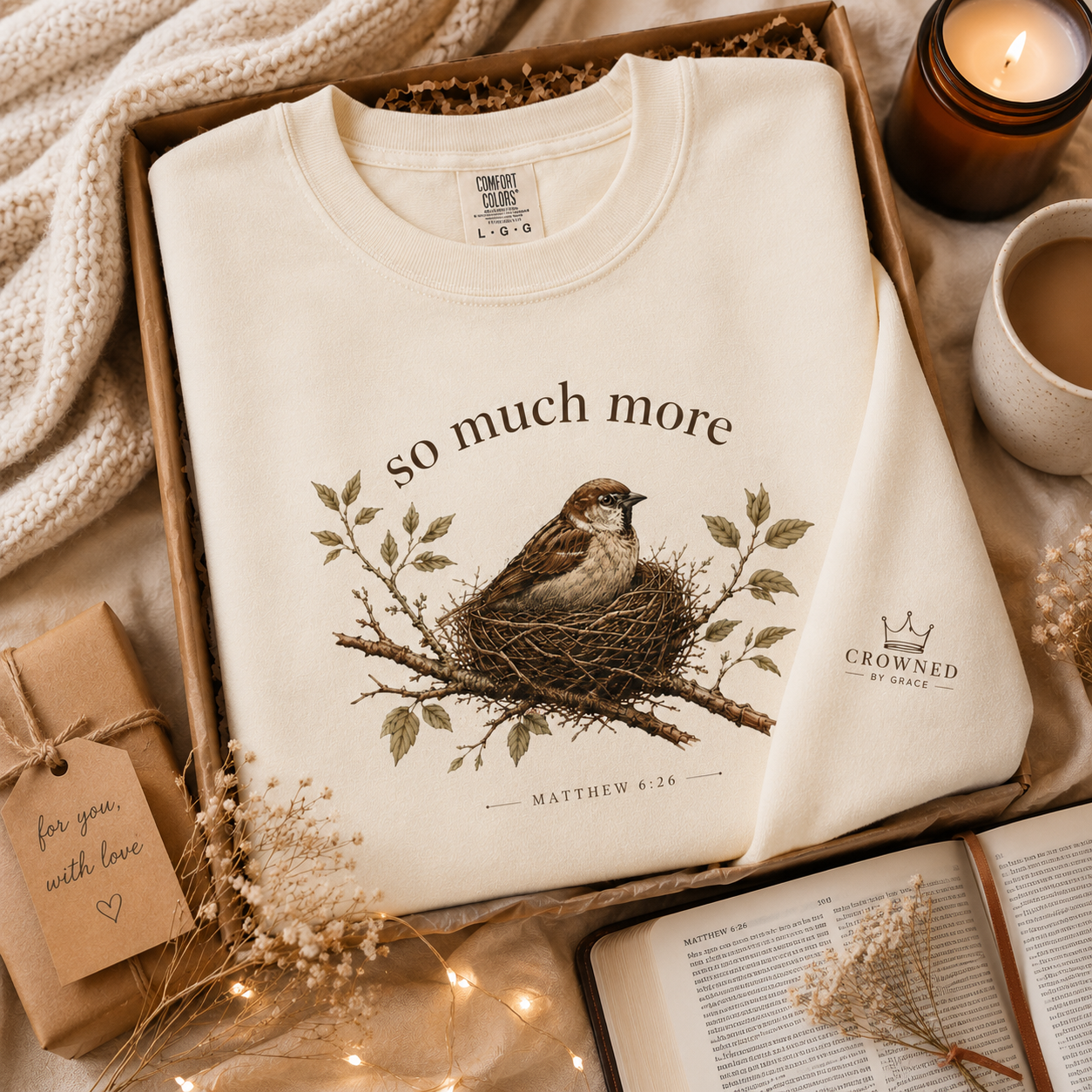 SO MUCH MORE Christian Crewneck Sweatshirt Matthew 6:26 Sweatshirt Comfort Colors 1566 Sparrow Bird Christian Gift | Crowned By Grace