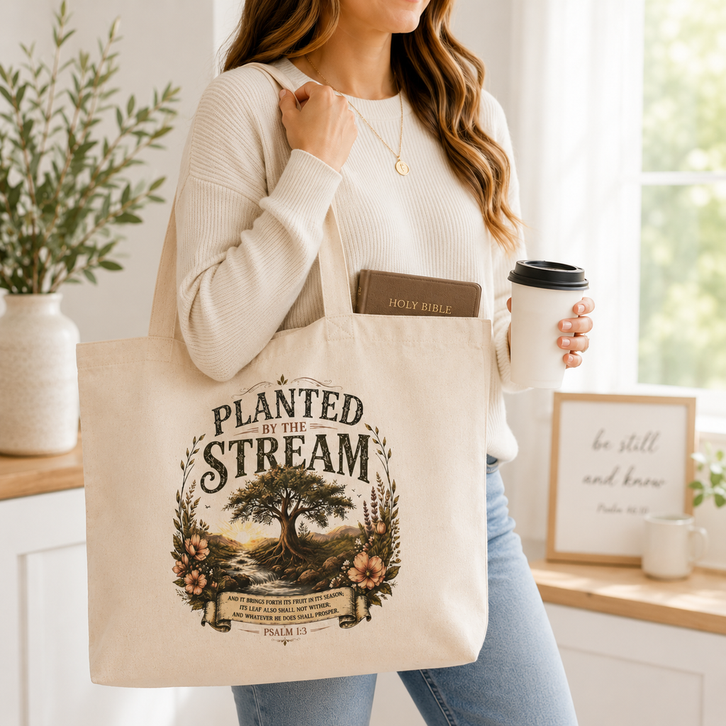 Planted by the Stream Christian Tote Bag | Psalm 1:3 Bible Study Bag | Scripture Tote | Church Bag | Christian Gift for Women | Faith-Based Canvas Tote