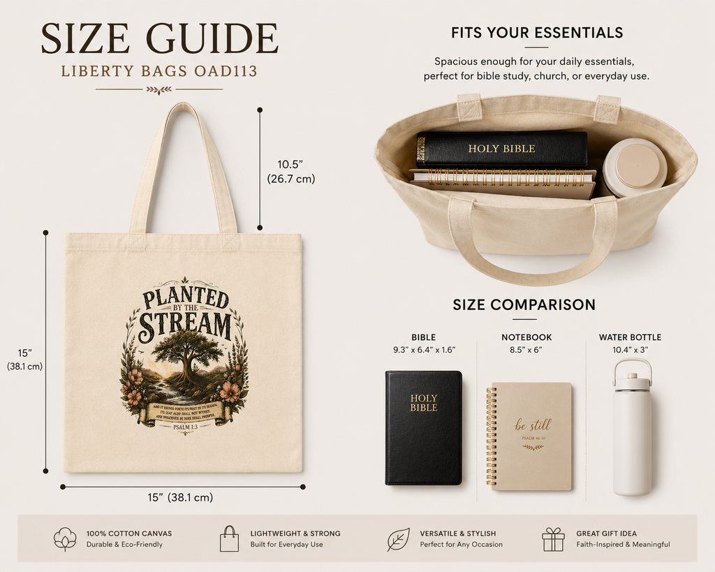 Planted by the Stream Christian Tote Bag | Psalm 1:3 Bible Study Bag | Scripture Tote | Church Bag | Christian Gift for Women | Faith-Based Canvas Tote