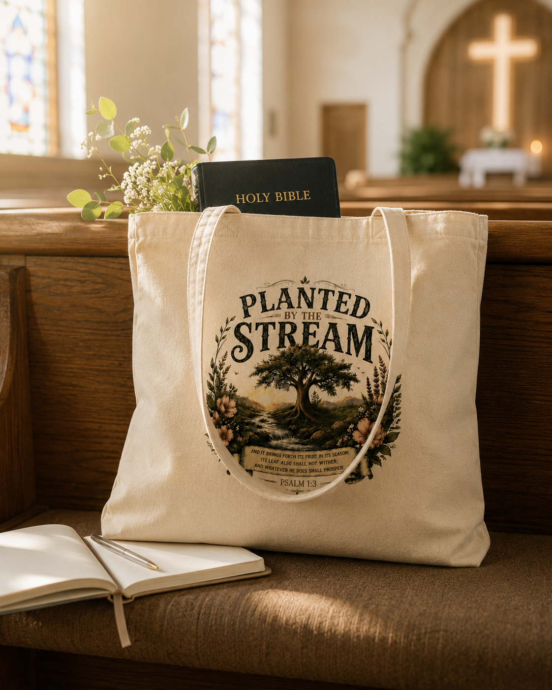 Planted by the Stream Christian Tote Bag | Psalm 1:3 Bible Study Bag | Scripture Tote | Church Bag | Christian Gift for Women | Faith-Based Canvas Tote