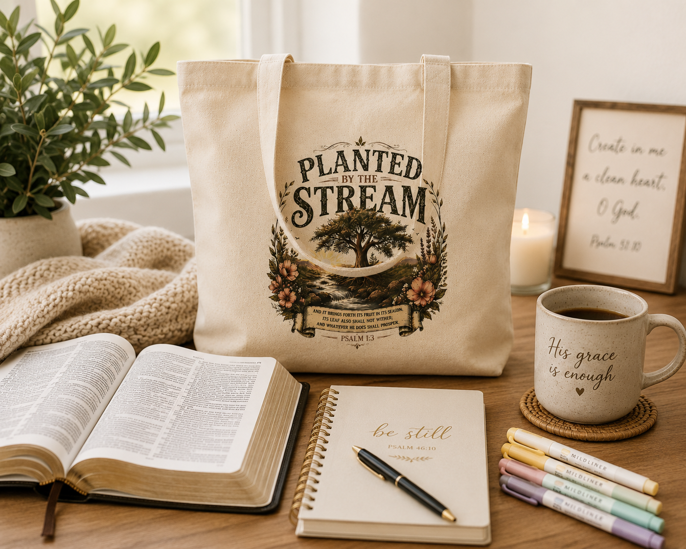 Planted by the Stream Christian Tote Bag | Psalm 1:3 Bible Study Bag | Scripture Tote | Church Bag | Christian Gift for Women | Faith-Based Canvas Tote