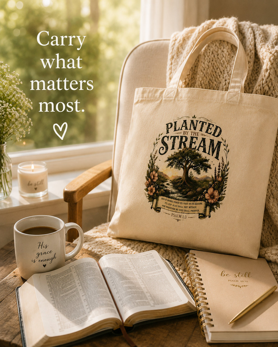 Planted by the Stream Christian Tote Bag | Psalm 1:3 Bible Study Bag | Scripture Tote | Church Bag | Christian Gift for Women | Faith-Based Canvas Tote