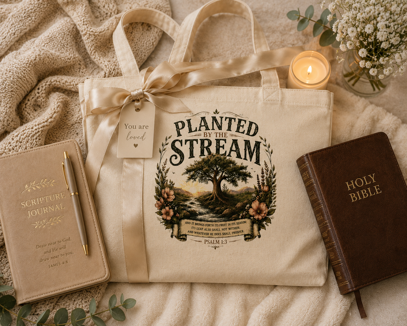 Planted by the Stream Christian Tote Bag | Psalm 1:3 Bible Study Bag | Scripture Tote | Church Bag | Christian Gift for Women | Faith-Based Canvas Tote