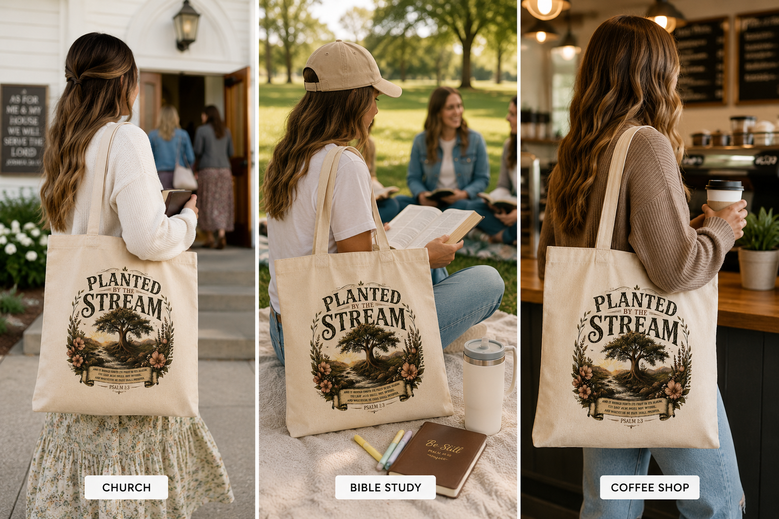 Planted by the Stream Christian Tote Bag | Psalm 1:3 Bible Study Bag | Scripture Tote | Church Bag | Christian Gift for Women | Faith-Based Canvas Tote