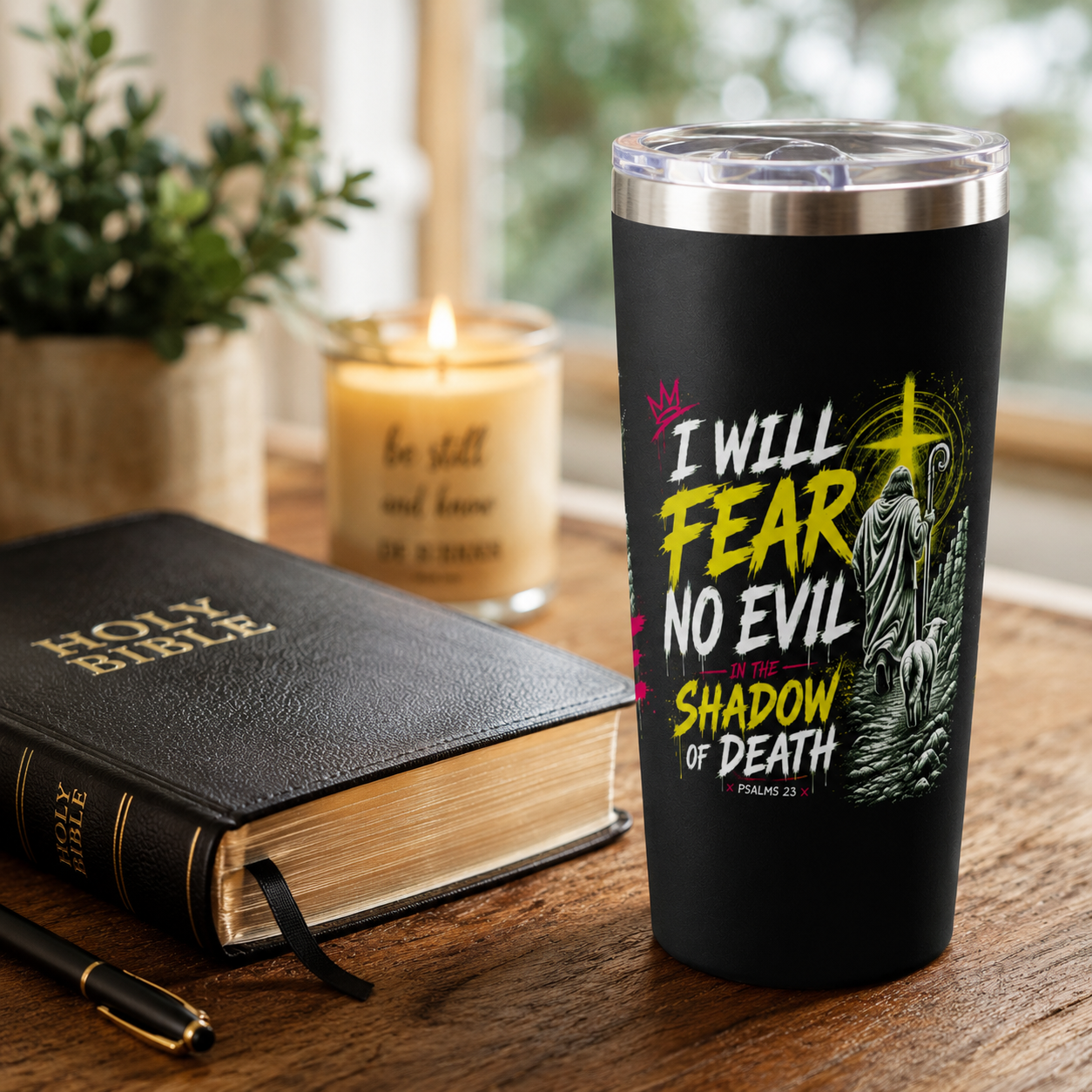 I Will Fear No Evil Christian Tumbler | Psalm 23 Bible Verse Tumbler | Faith-Based Travel Cup | Christian Gift | Insulated Coffee Tumbler