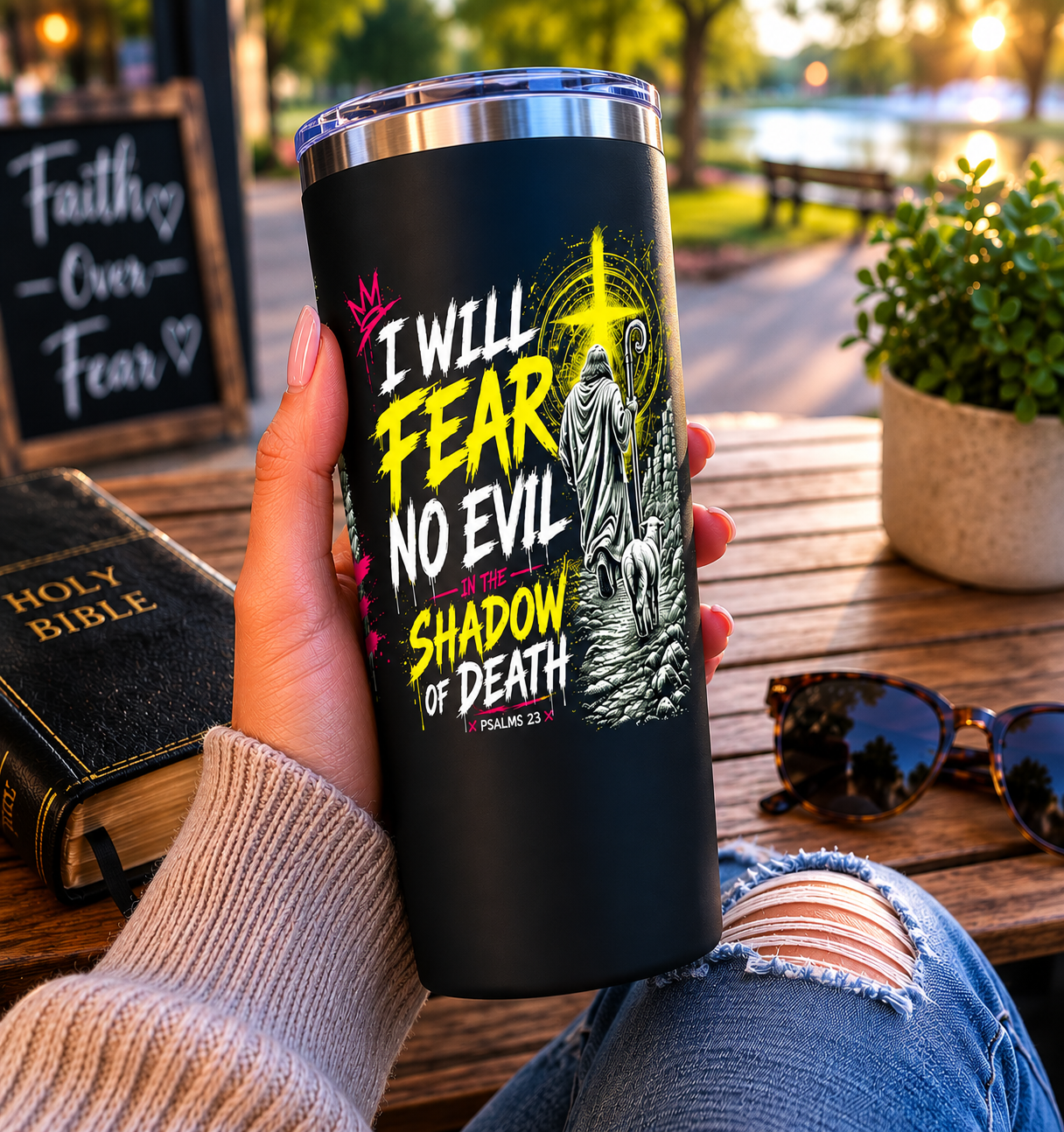 I Will Fear No Evil Christian Tumbler | Psalm 23 Bible Verse Tumbler | Faith-Based Travel Cup | Christian Gift | Insulated Coffee Tumbler