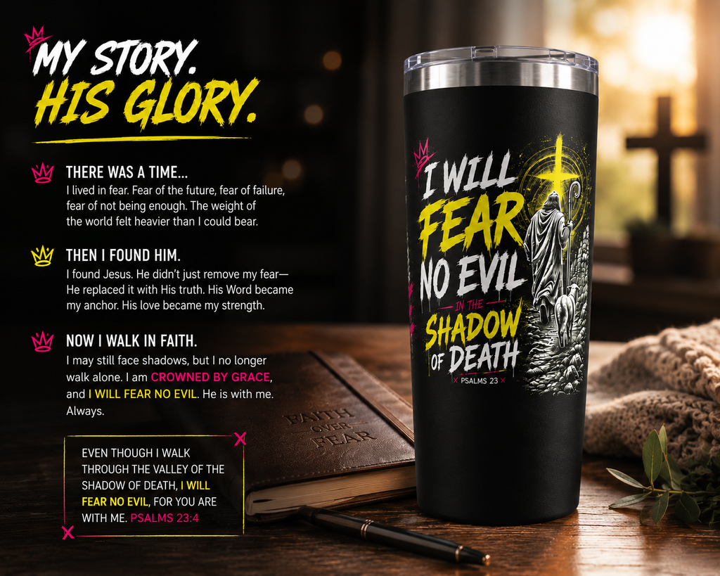 I Will Fear No Evil Christian Tumbler | Psalm 23 Bible Verse Tumbler | Faith-Based Travel Cup | Christian Gift | Insulated Coffee Tumbler
