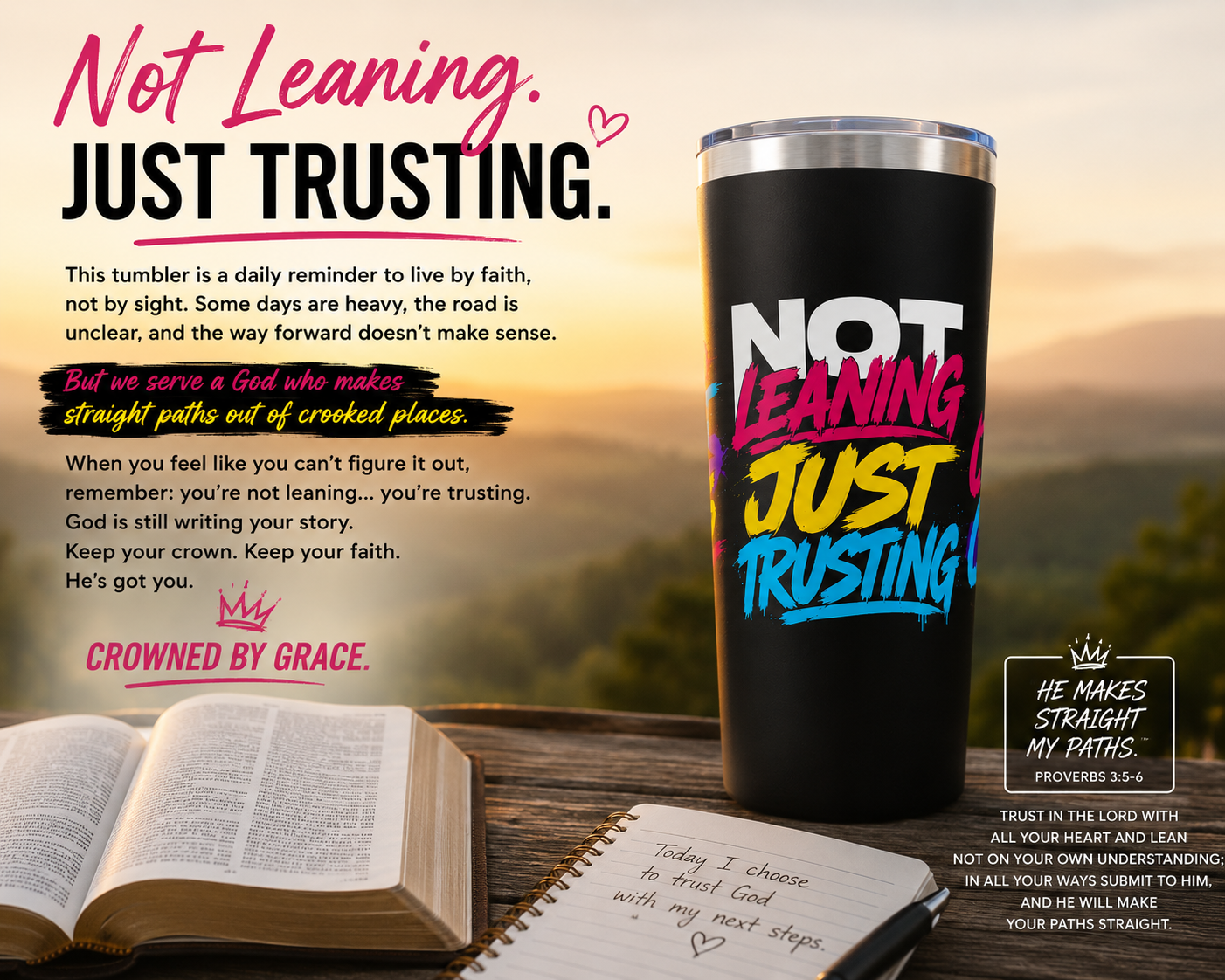 Not Leaning Just Trusting Christian Tumbler | Proverbs 3:5-6 Bible Verse Tumbler | Faith-Based Travel Cup | Christian Gift | Insulated Coffee Tumbler