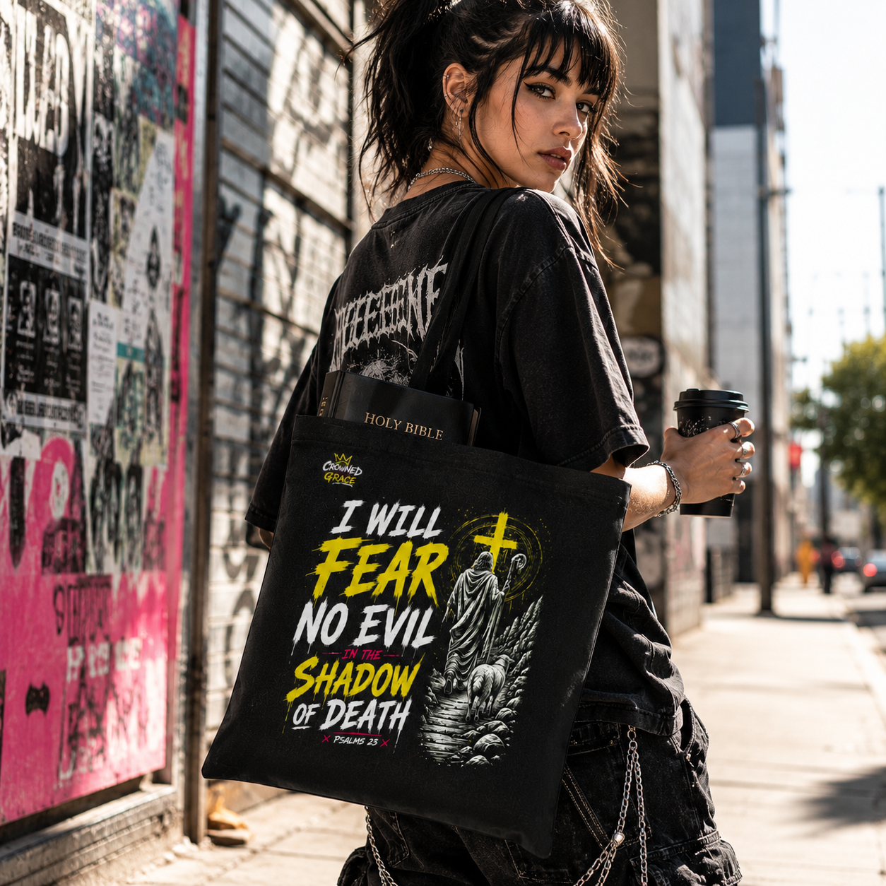 I Will Fear No Evil Christian Tote Bag | Bible Study Bag | Psalm 23 Scripture Tote | Church Bag | Christian Gift for Women | Faith-Based Canvas Tote