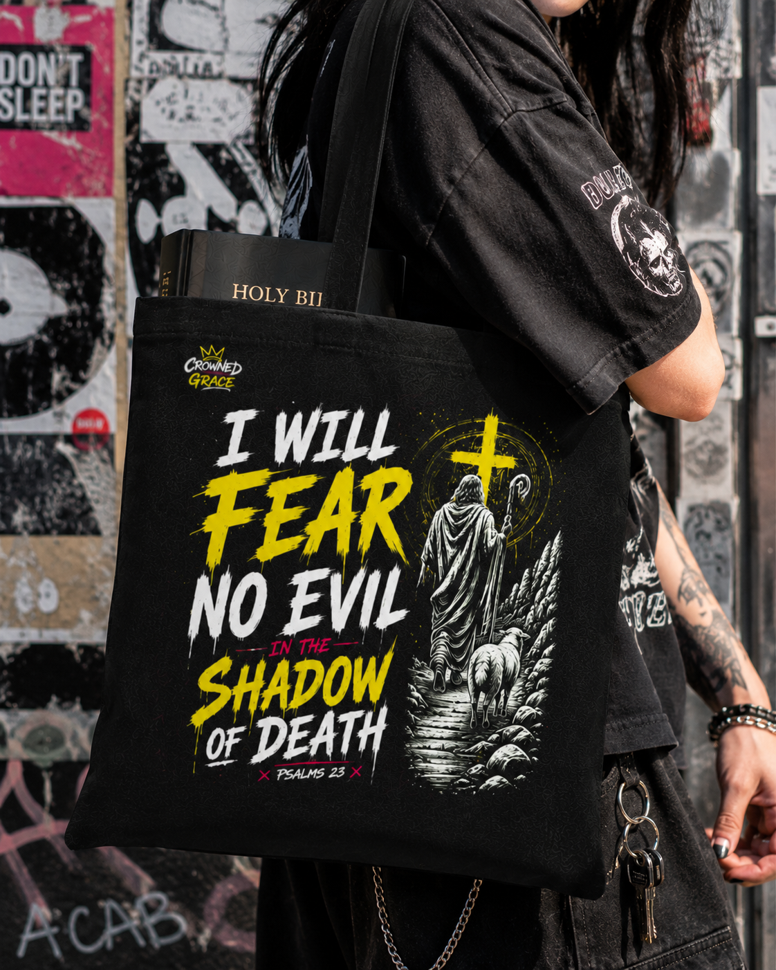 I Will Fear No Evil Christian Tote Bag | Bible Study Bag | Psalm 23 Scripture Tote | Church Bag | Christian Gift for Women | Faith-Based Canvas Tote