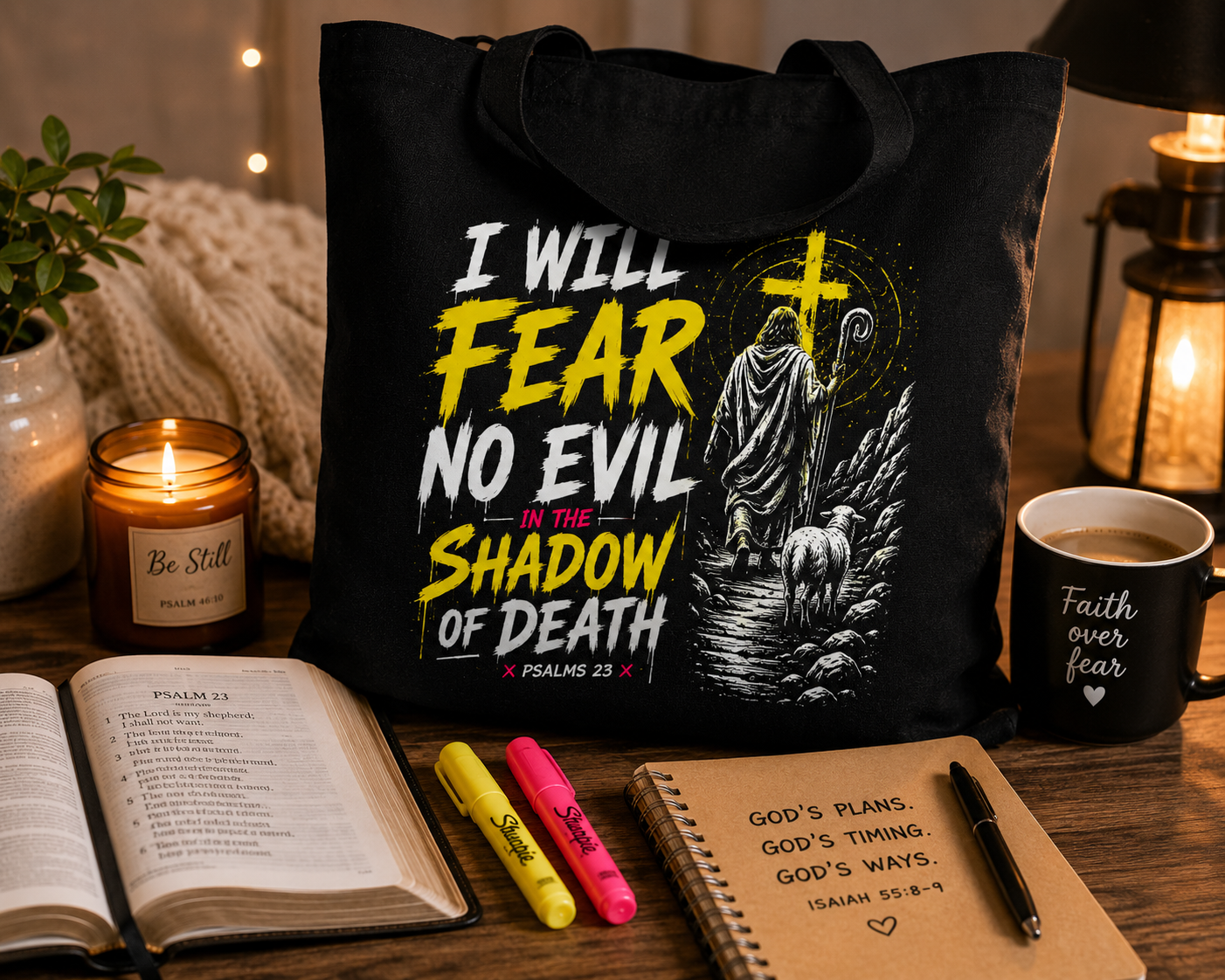 I Will Fear No Evil Christian Tote Bag | Bible Study Bag | Psalm 23 Scripture Tote | Church Bag | Christian Gift for Women | Faith-Based Canvas Tote