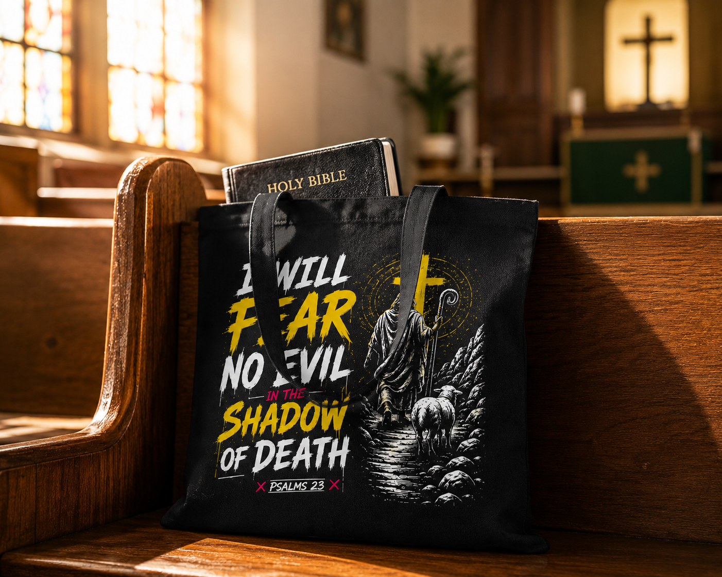 I Will Fear No Evil Christian Tote Bag | Bible Study Bag | Psalm 23 Scripture Tote | Church Bag | Christian Gift for Women | Faith-Based Canvas Tote