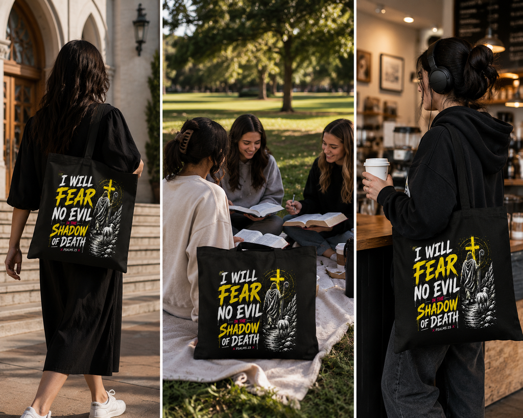 I Will Fear No Evil Christian Tote Bag | Bible Study Bag | Psalm 23 Scripture Tote | Church Bag | Christian Gift for Women | Faith-Based Canvas Tote