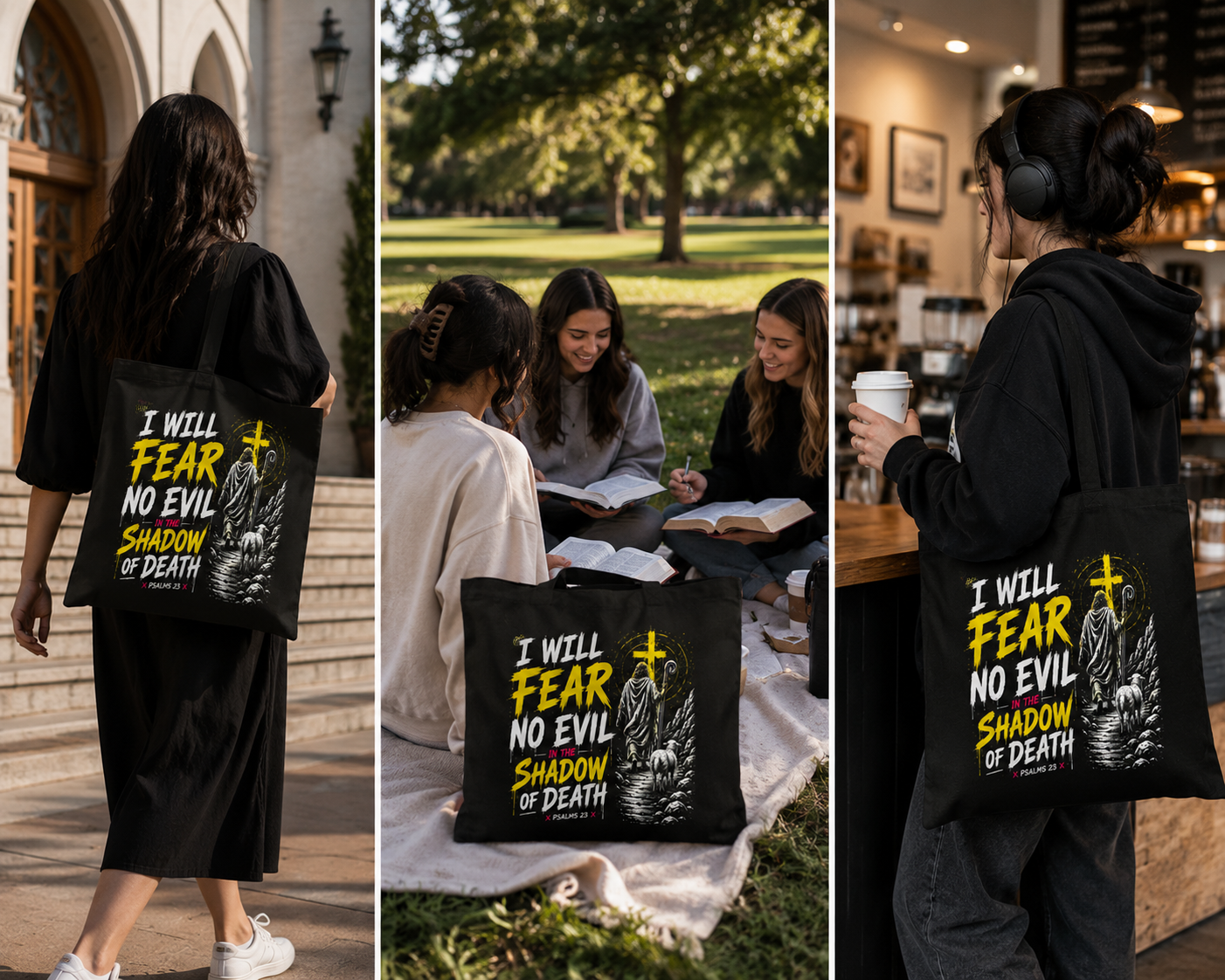 I Will Fear No Evil Christian Tote Bag | Bible Study Bag | Psalm 23 Scripture Tote | Church Bag | Christian Gift for Women | Faith-Based Canvas Tote