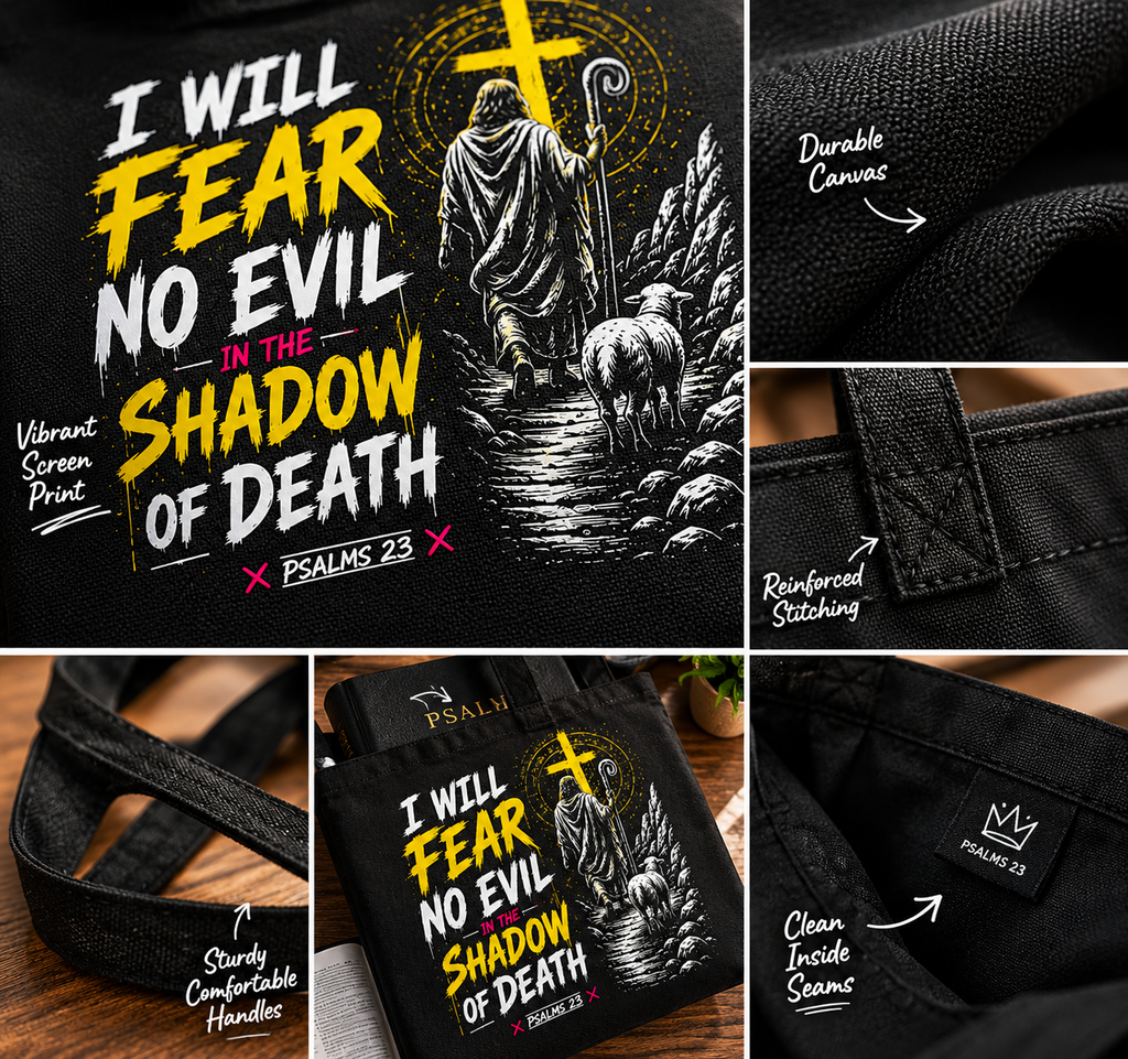 I Will Fear No Evil Christian Tote Bag | Bible Study Bag | Psalm 23 Scripture Tote | Church Bag | Christian Gift for Women | Faith-Based Canvas Tote
