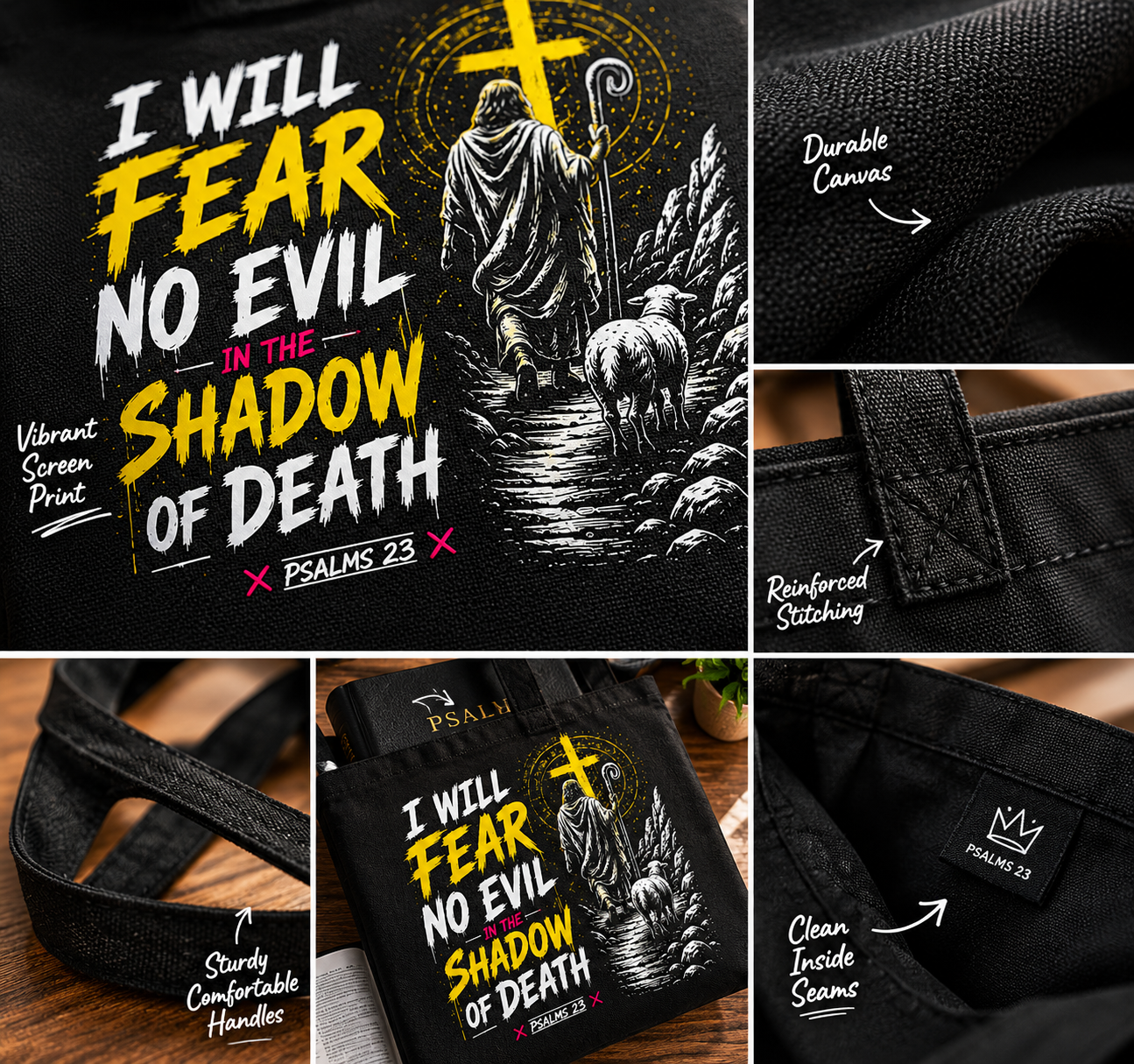 I Will Fear No Evil Christian Tote Bag | Bible Study Bag | Psalm 23 Scripture Tote | Church Bag | Christian Gift for Women | Faith-Based Canvas Tote