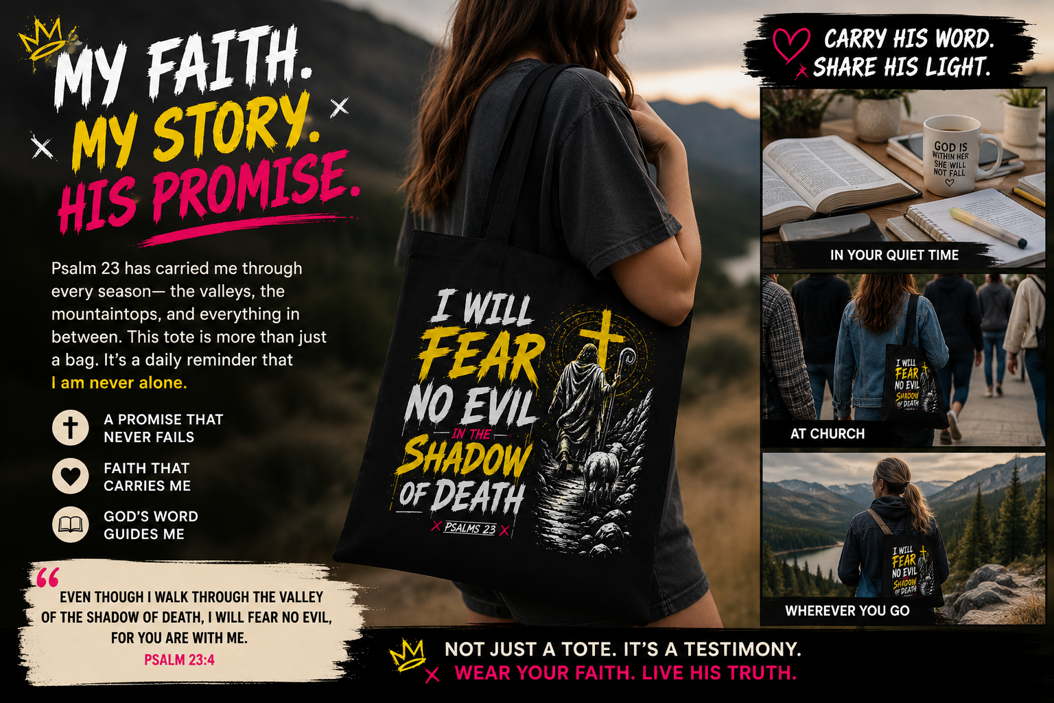 I Will Fear No Evil Christian Tote Bag | Bible Study Bag | Psalm 23 Scripture Tote | Church Bag | Christian Gift for Women | Faith-Based Canvas Tote