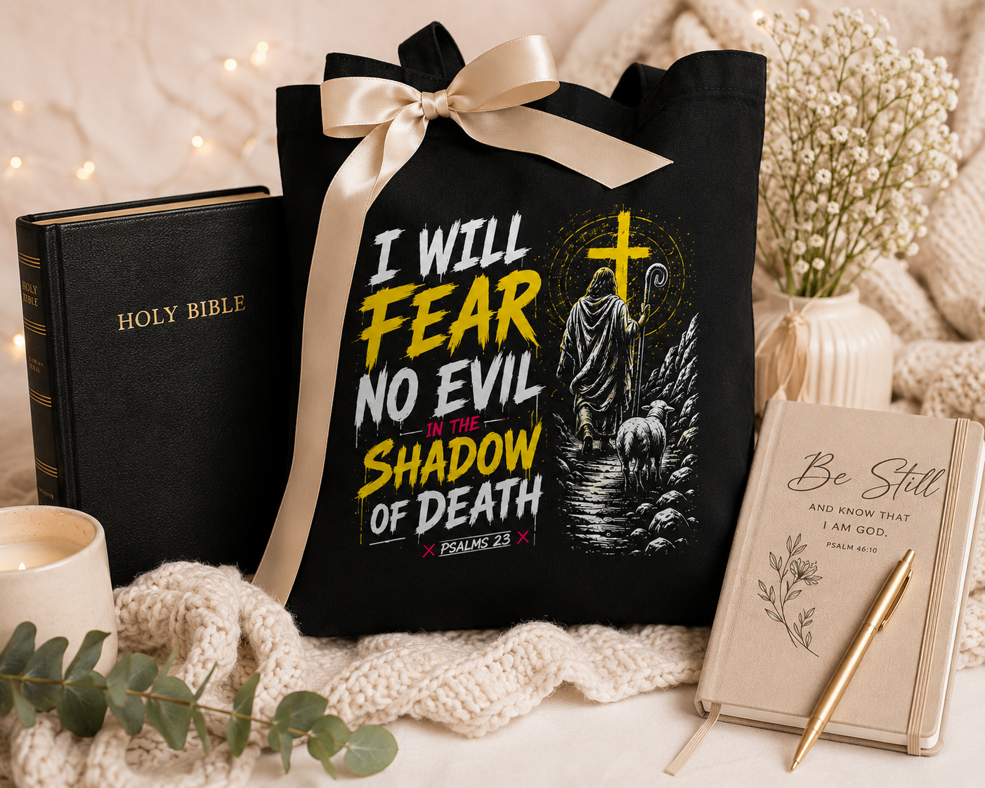 I Will Fear No Evil Christian Tote Bag | Bible Study Bag | Psalm 23 Scripture Tote | Church Bag | Christian Gift for Women | Faith-Based Canvas Tote