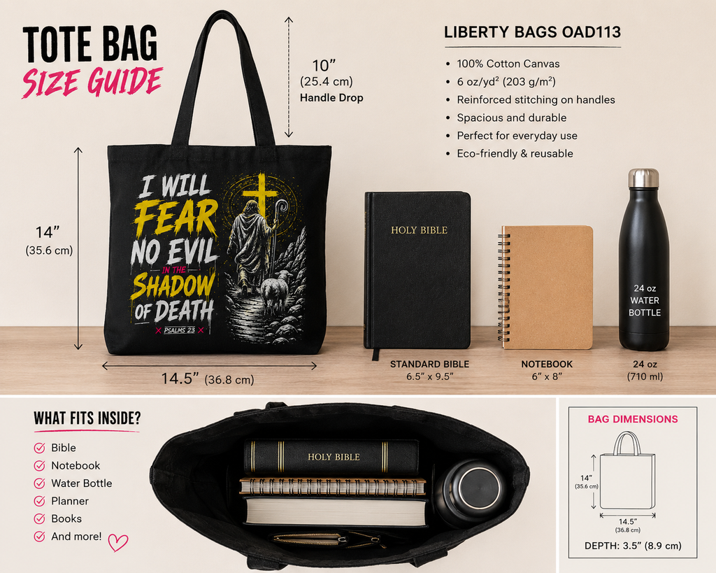 I Will Fear No Evil Christian Tote Bag | Bible Study Bag | Psalm 23 Scripture Tote | Church Bag | Christian Gift for Women | Faith-Based Canvas Tote