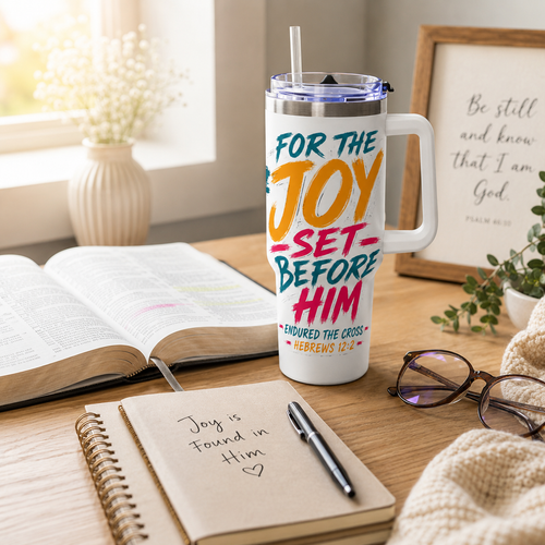 For the Joy Set Before Him Christian Tumbler | Hebrews 12:2 Bible Verse Tumbler | Faith-Based Travel Cup | Christian Gift | Insulated Coffee Tumbler