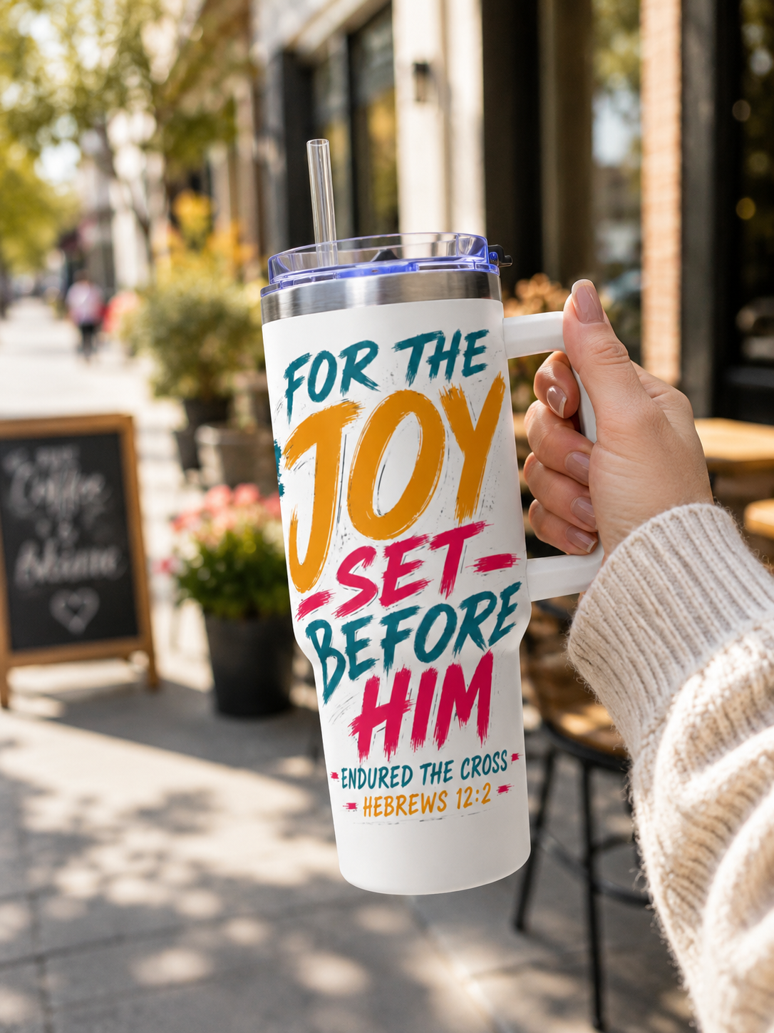 For the Joy Set Before Him Christian Tumbler | Hebrews 12:2 Bible Verse Tumbler | Faith-Based Travel Cup | Christian Gift | Insulated Coffee Tumbler