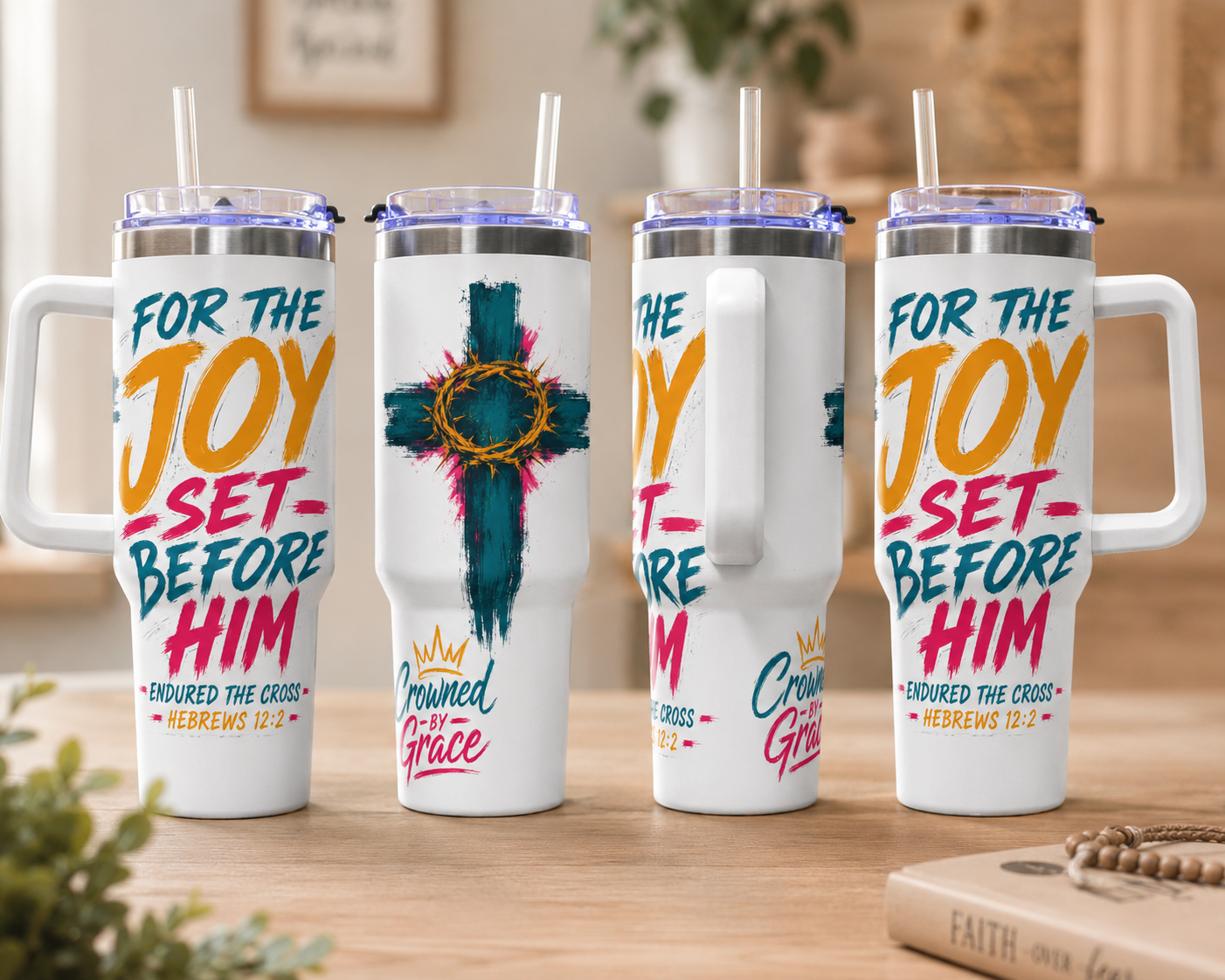For the Joy Set Before Him Christian Tumbler | Hebrews 12:2 Bible Verse Tumbler | Faith-Based Travel Cup | Christian Gift | Insulated Coffee Tumbler