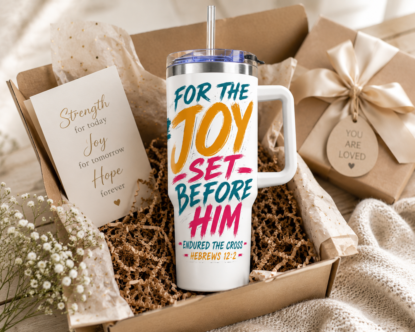 For the Joy Set Before Him Christian Tumbler | Hebrews 12:2 Bible Verse Tumbler | Faith-Based Travel Cup | Christian Gift | Insulated Coffee Tumbler