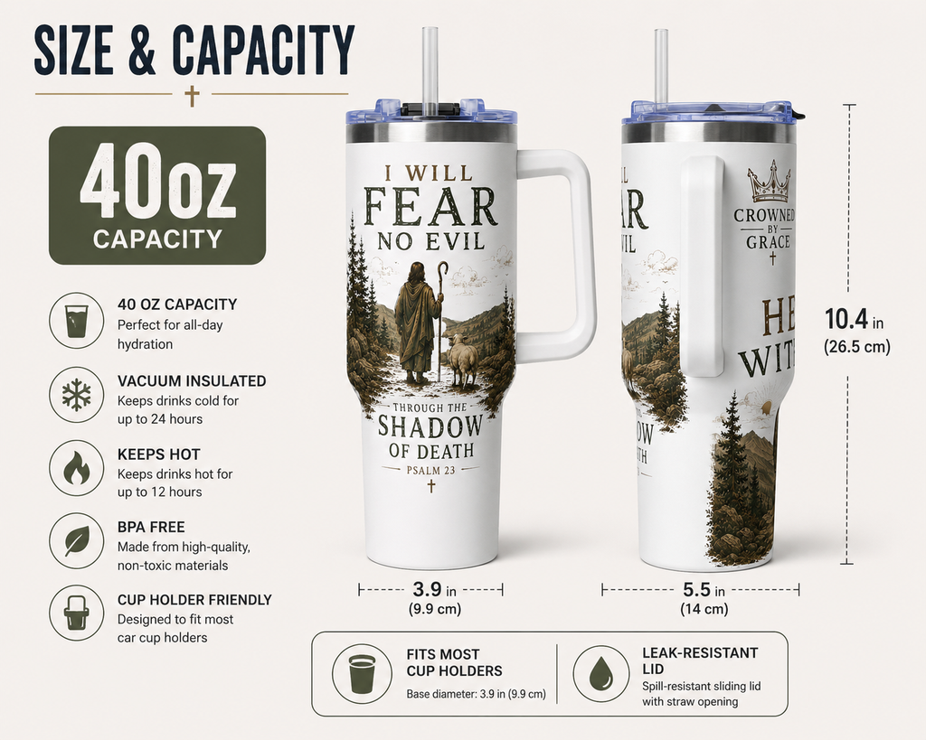 I Will Fear No Evil Christian Tumbler | Psalm 23 Bible Verse Tumbler | Faith-Based Travel Cup | Christian Gift | Insulated Coffee Tumbler