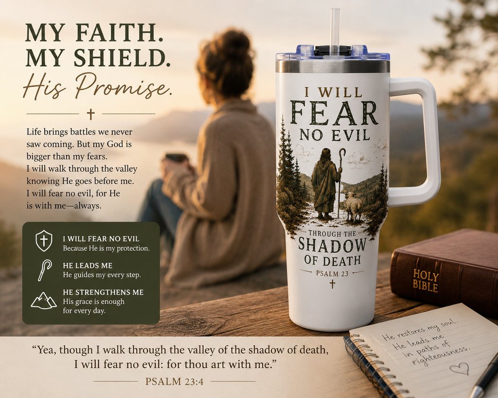 I Will Fear No Evil Christian Tumbler | Psalm 23 Bible Verse Tumbler | Faith-Based Travel Cup | Christian Gift | Insulated Coffee Tumbler