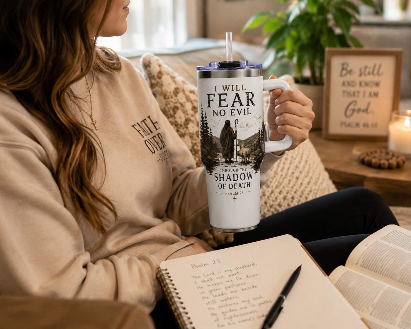 I Will Fear No Evil Christian Tumbler | Psalm 23 Bible Verse Tumbler | Faith-Based Travel Cup | Christian Gift | Insulated Coffee Tumbler
