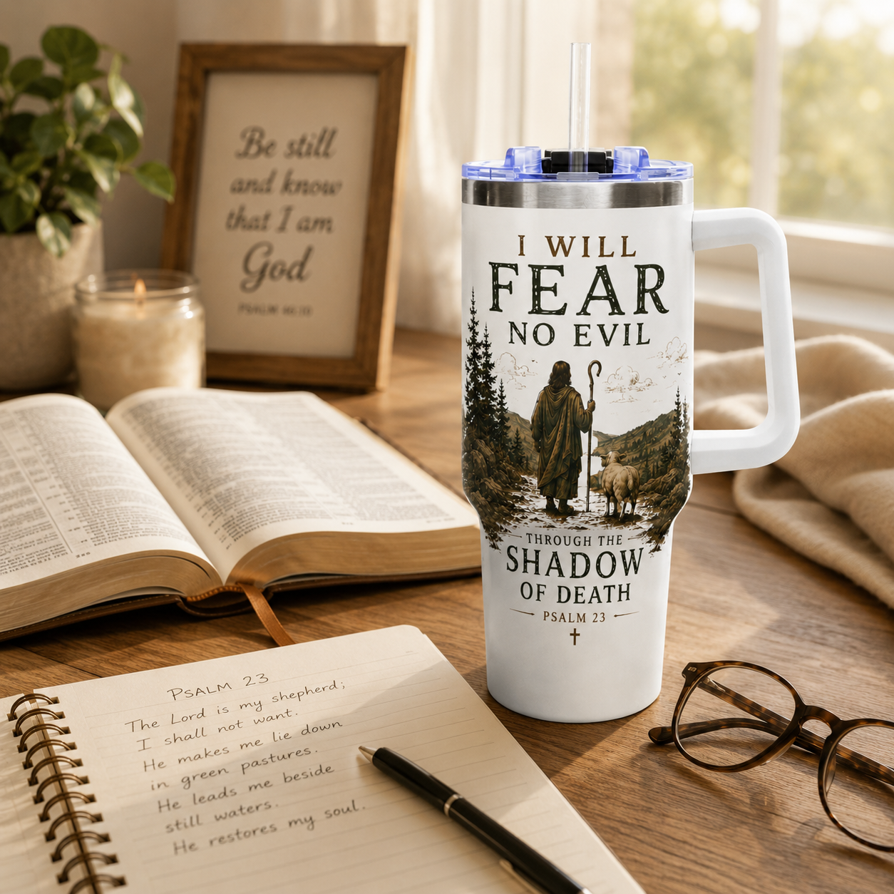 I Will Fear No Evil Christian Tumbler | Psalm 23 Bible Verse Tumbler | Faith-Based Travel Cup | Christian Gift | Insulated Coffee Tumbler