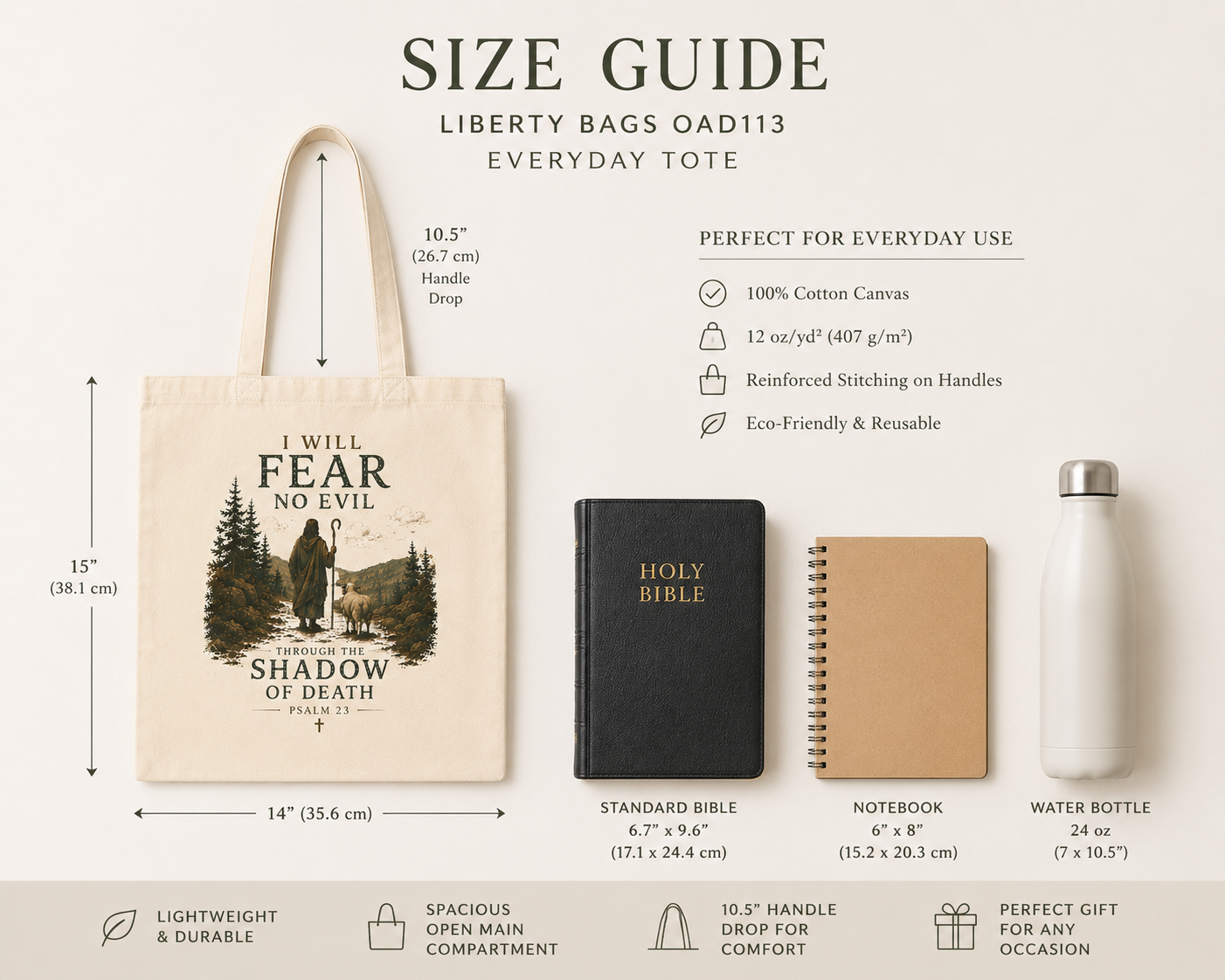 I Will Fear No Evil Christian Tote Bag | Psalm 23 Bible Study Bag | Scripture Tote | Church Bag | Christian Gift for Women | Faith-Based Canvas Tote