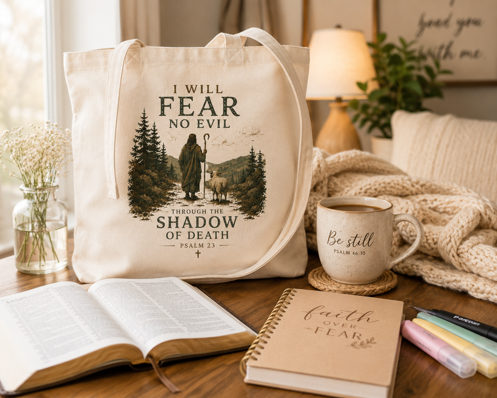 I Will Fear No Evil Christian Tote Bag | Psalm 23 Bible Study Bag | Scripture Tote | Church Bag | Christian Gift for Women | Faith-Based Canvas Tote