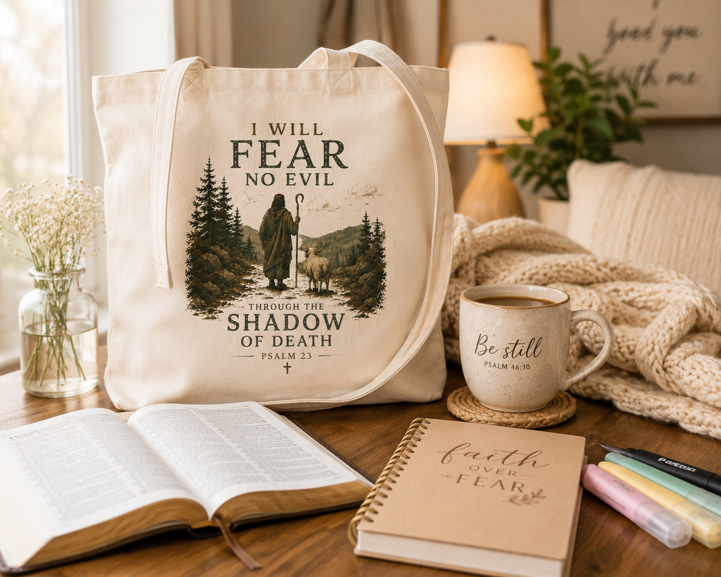 I Will Fear No Evil Christian Tote Bag | Psalm 23 Bible Study Bag | Scripture Tote | Church Bag | Christian Gift for Women | Faith-Based Canvas Tote
