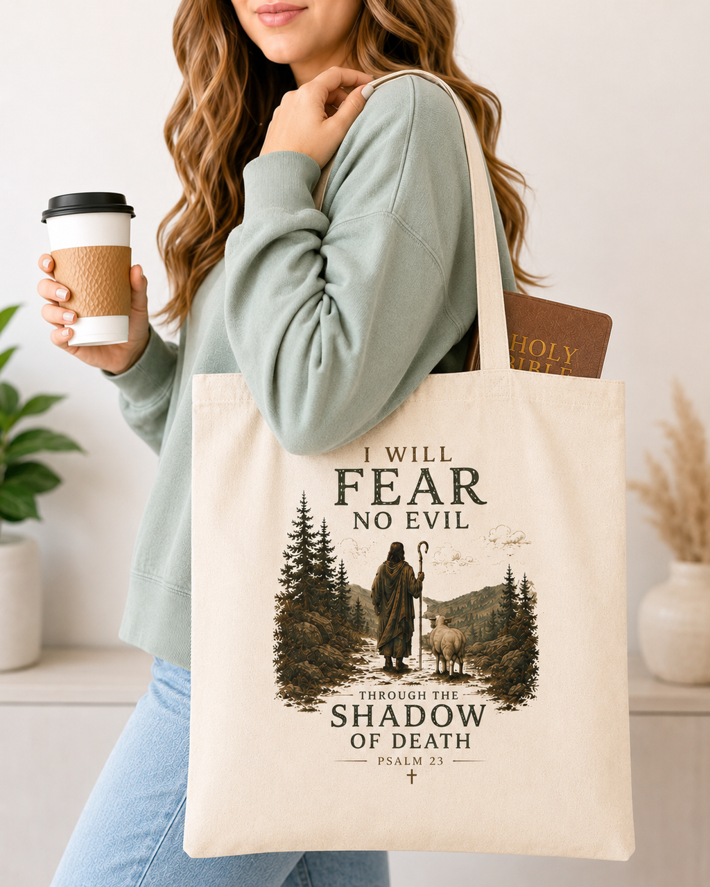 I Will Fear No Evil Christian Tote Bag | Psalm 23 Bible Study Bag | Scripture Tote | Church Bag | Christian Gift for Women | Faith-Based Canvas Tote